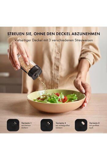 EDELHAUS Set 24 square jars for spices, 120ml, black plastic lids, 30 dosing inserts, 240 German labels