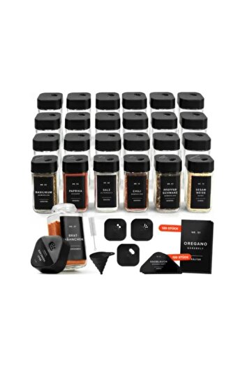 EDELHAUS Set 24 square jars for spices, 120ml, black plastic lids, 30 dosing inserts, 240 German labels