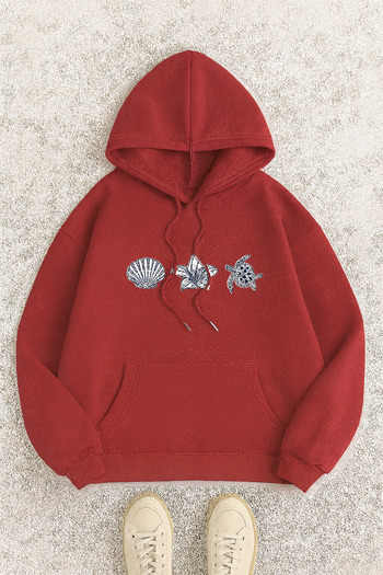 CLASSY.MODA Hooded Kangaroo Pocket Oversized Sweatshirt Sea Shell Floral Turtle Print Casual Daily