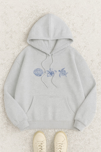CLASSY.MODA Hooded Kangaroo Pocket Oversized Sweatshirt Sea Shell Floral Turtle Print Casual Daily