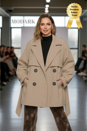 Modark Beige Women's Belted Short Double-Breasted Trench Coat