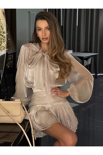 FASHION COCKTAIL Parisien Organza Shiny Fabric Drawstring Mini Skirt Long Sleeve Lace-Up Bow Blouse Set
