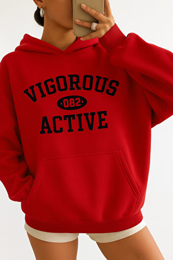 CLASSY.MODA Oversized Sweatshirt with Hooded Kangaroo Pocket Front Vigorous Active Lettering Comfortable Sport Casual Style