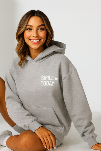 CLASSY.MODA Women's Hooded Kangaroo Pocket Oversize Sweatshirt with Smile Today Lettering on Front Casual Daily Style