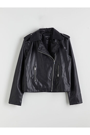 LC Waikiki Black Biker Collar Women's Leather Look Jacket
