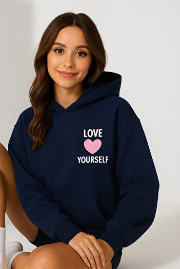 CLASSY.MODA Жіночий оверсайз-светр з капюшоном, кишенями-кенгуру та написом LOVE YOURSELF. Зручний для щоденного носіння.