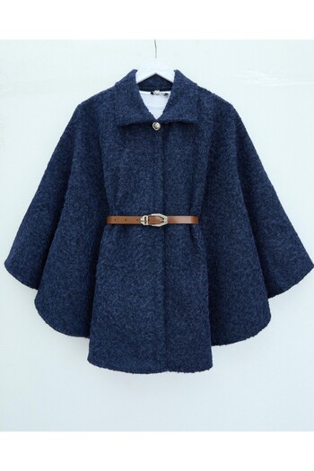 Modamorfo Single Button Belted Bearded Poncho - Navy