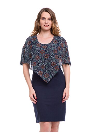 AD Fashion Rochie conica bleumarin cu capa din voal imprimat 01R05i2047 - 38 EU