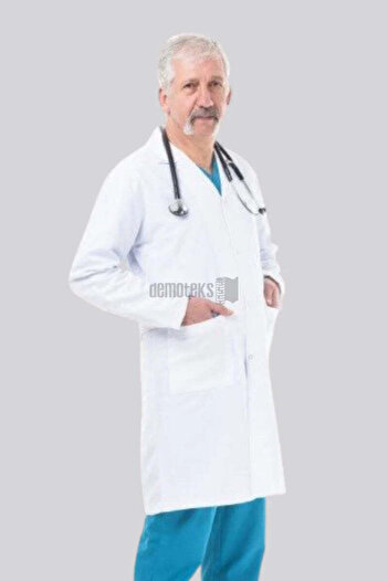 DEMOTEKS Uniforma lab coat halat medical lung alb barbati – cu trei buzunare, maneca lunga, guler rever