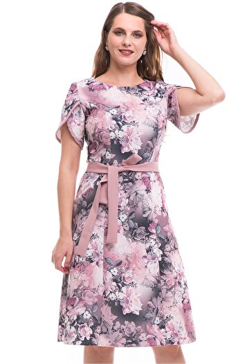 AD Fashion Rochie in clini cu imprimeu multicolor si cordon roz pastel uni in talie 02R181i181 - 44 EU