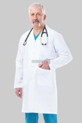 DEMOTEKS Uniforma lab coat halat medical lung alb barbati – cu trei buzunare, maneca lunga, guler rever