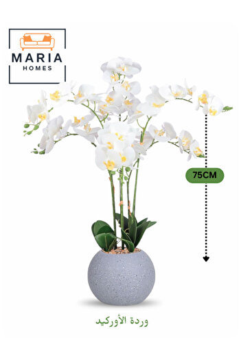 MARIA HOMES Artificial Orchid Flower 75 cm with 6 Branches – Decorative Indoor Plant with Gray Pot