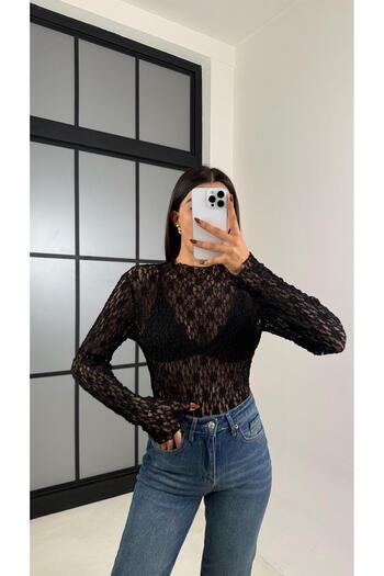 Gaus Black Lace Transparent Long Sleeve Blouse Gaus-00172