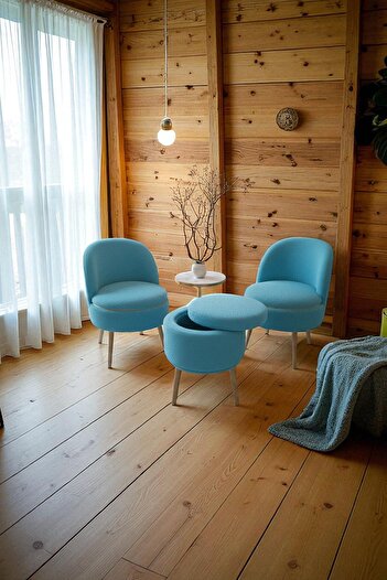 WoodyMaison LORIANE Teddy Peluş Berjer ve Puf 3’lü Takım – Salon, Balkon ve Ofis İçin Konforlu Çay Seti