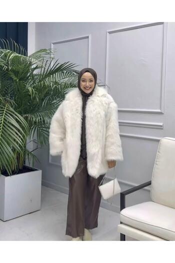 Hb Harma Time Butik Women's Cream Plush Lined Coat