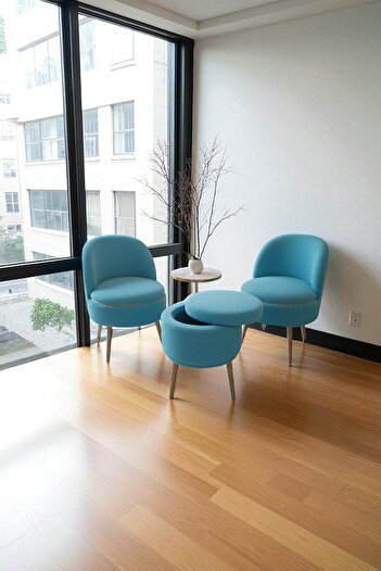 WoodyMaison LORIANE Teddy Peluş Berjer ve Puf 3’lü Takım – Salon, Balkon ve Ofis İçin Konforlu Çay Seti