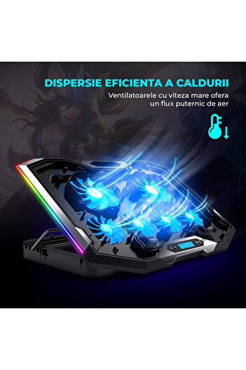 Elindor ® RGB Gaming Laptop Cooler with 5-Level Adjustable Angle Stand, for Office, Travel, Black