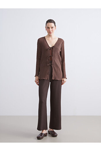 LC Waikiki Brown V-Neck Textured Women's Cardigan