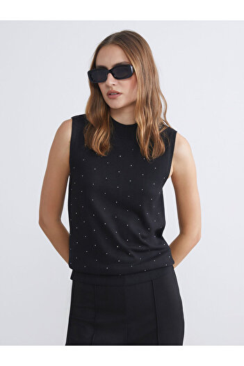 LC Waikiki Black Crew Neck Stoned Women's Knitwear Tank Top