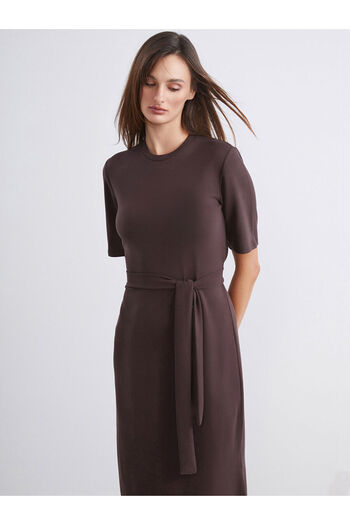 LC Waikiki Soulife Brown Crew Neck Belted Dress