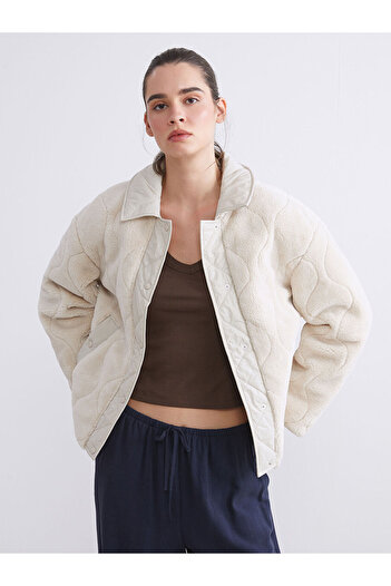 LC Waikiki Ecru Shirt Collar Women's Plush Coat