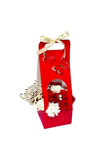velve Butterfly floral arrangement, roses, soap carnations, topper "Best Mom", Red