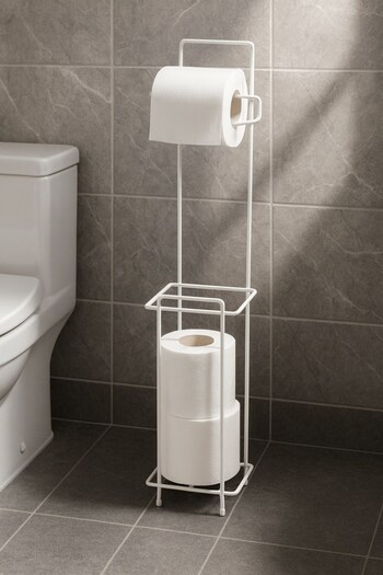 Sas Haus White Pedestal Square Toilet Paper Holder with Refill Roll Reservoir, Rustproof Wc Paper Holder, 13cm X 65