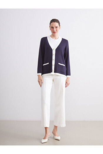 LC Waikiki Navy Blue V-Neck Women's Knitwear Cardigan