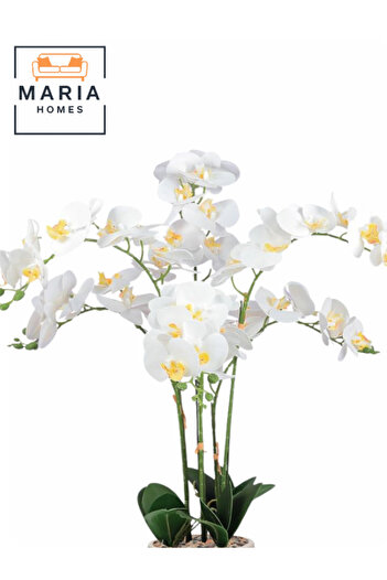 MARIA HOMES Artificial White Orchid Plant 75 cm – 6 Stems with Gray Decorative Plastic Pot for home & office