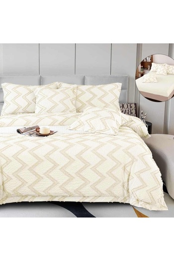 OEM Premium Embossed Bed Linen, 2 persons, 6 pieces, with elastic, light cream, zig-zag, LFG103