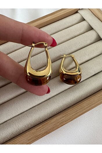 ringbox Kahverengi Akrilik Sallantılı Çelik Kararmaz Gold Küpe