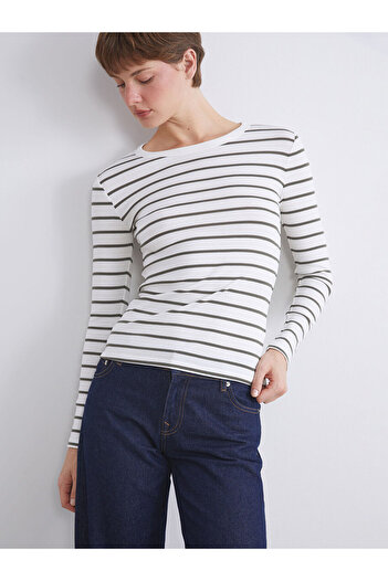 LC Waikiki Khaki Crew Neck Striped Women's Bodysuit