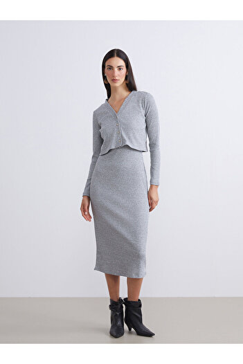LC Waikiki Gray Crew Neck Women's Dress and Cardigan Set
