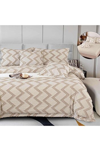 OEM Premium Embossed Bed Linen, 2 persons, 6 pieces, with elastic, cream, zigzag lines, LFG104