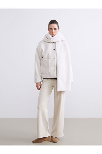 LC Waikiki Ecru Women's Cashmere Coat with Crew Neck Scarf