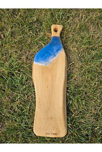 F&S WoodArt 38 X 11 cm Natural Olive Wood Blue Sea Wave Epoxy Handle Cutting Cheese Presentation Board