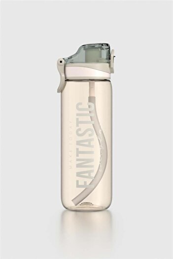 Renga Trego Sport Text Patterned 630 ml Tritan Water Bottle with Straw 912170 Beige