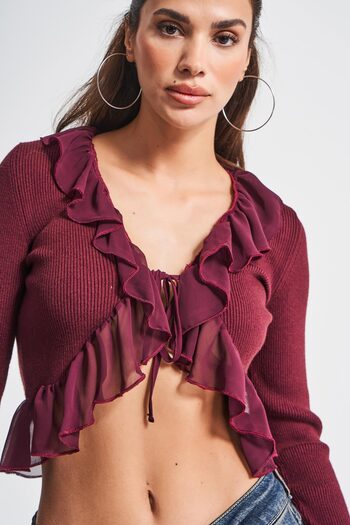 its basic Kadın Bordo Renk w5-35 BT25 Triko Örme Kumaş Şifon Detaylı Volanlı Hırka Bluz