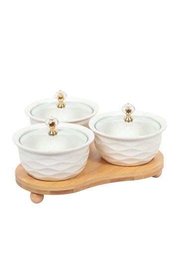 HOMEVEO 3-Piece Ceramic Sugar and Spice Set with Wooden Base