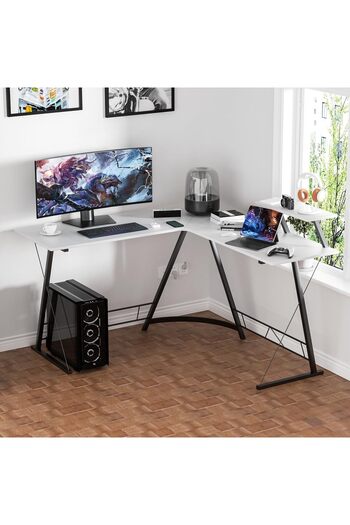 Crestj L-Shaped Gaming Table, Home Gaming Desk, Writing Workstation, White 130x50x74cm