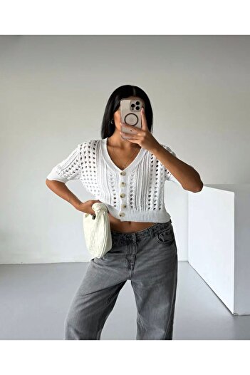 Serenay Atelier Short Sleeve Openwork Patterned Button Detailed 100% Cotton Crop Cardigan