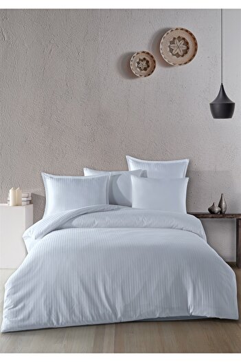 Evim 100% Cotton Satin Straight Line Flounced Double Duvet Cover Set Baby Blue 200X220 cm