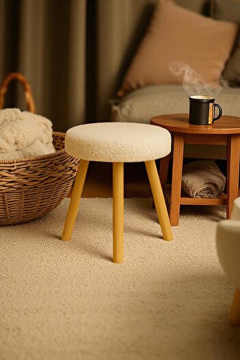 WoodyMaison ORINA Yuvarlak Peluş Modern Teddy Puf Bench – Retro Ahşap Ayaklı Tabure