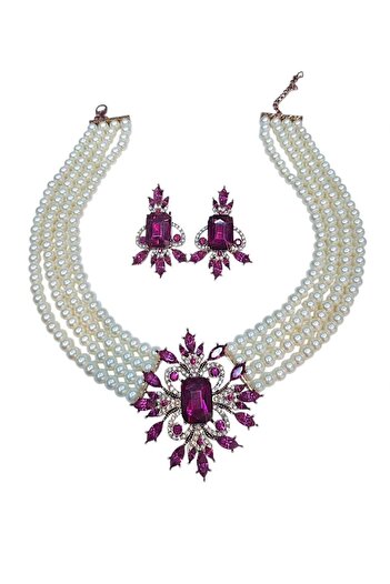 TMD AKSESUAR Queen Charlotte Galibarda Colorful Zircon Stone Glass Pearl Necklace Choker, Bracelet and Earrings