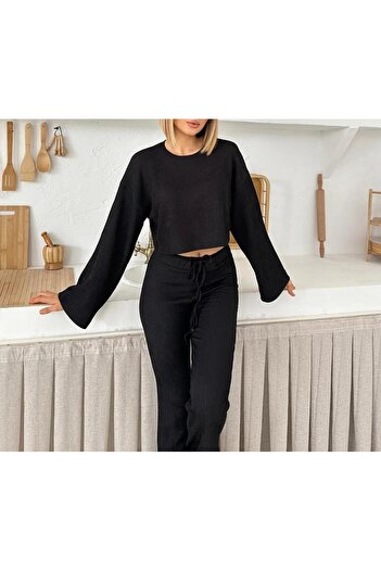 SUYA US WEAR Women's Ribbed Fabric Two-Piece Set Crop Sweatshirt and High-Waisted Pants