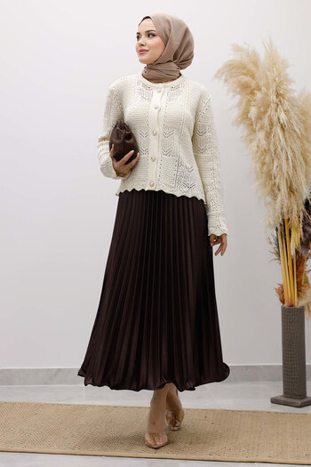 Tesettür Dünyası Embroidered Perforated Knitwear Cardigan Tsd250227 Beige