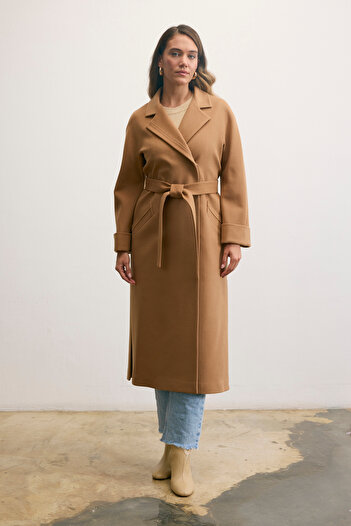 KENT Belted Double-Breasted Long Milk Brown Coat
