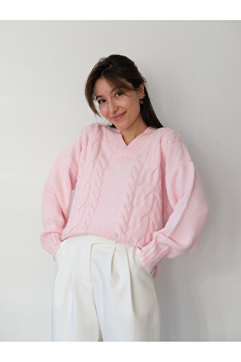 Butik Una Fiaba-Pembe Kadın V Yaka Yumuşak Dokulu Saç Örgü Kazak