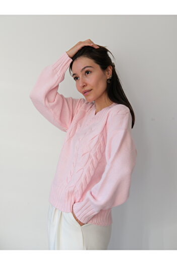 Butik Una Fiaba-Pembe Kadın V Yaka Yumuşak Dokulu Saç Örgü Kazak