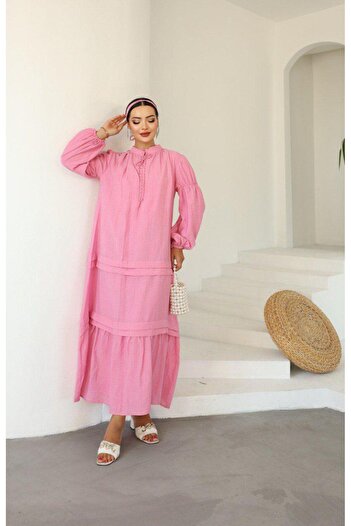 Dadali Back Knotted Linen Dress Fuchia